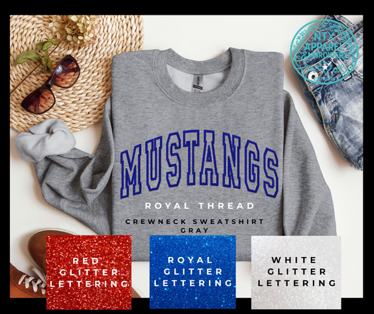 Glitter Mascot-Mustang Royal Embroidered Crewneck Sweatshirt