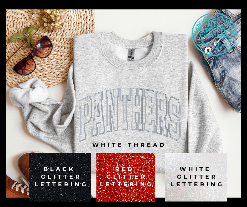 Glitter Mascot-Panther White Embroidered Crewneck Sweatshirt