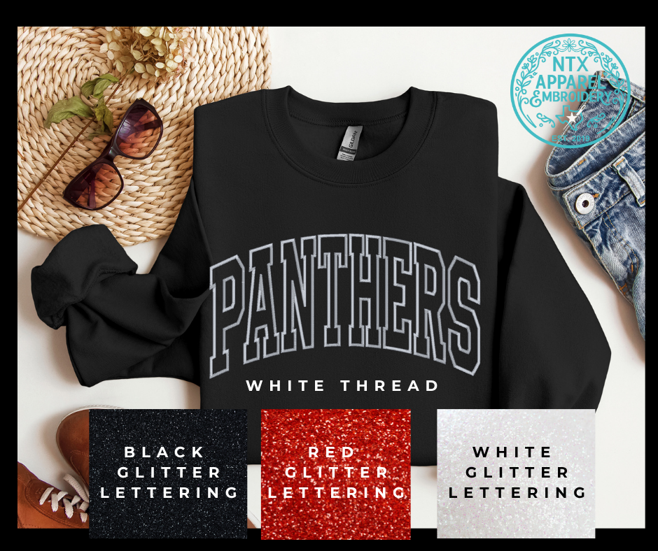 Glitter Mascot-Panther White Embroidered Crewneck Sweatshirt