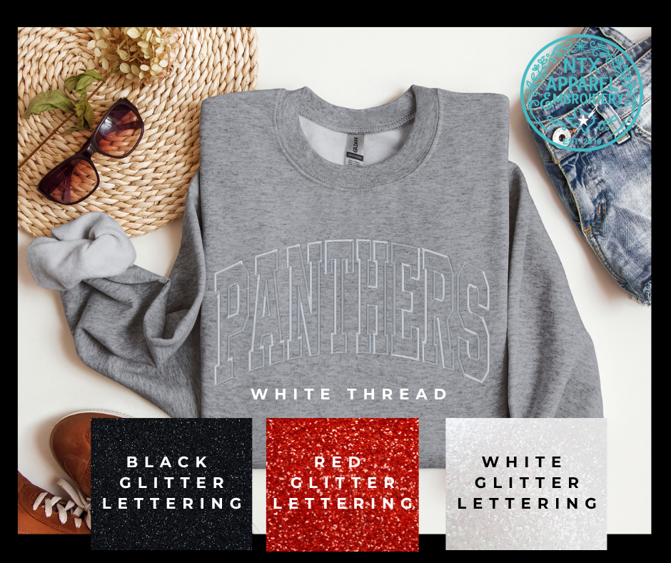 Glitter Mascot-Panther White Embroidered Crewneck Sweatshirt