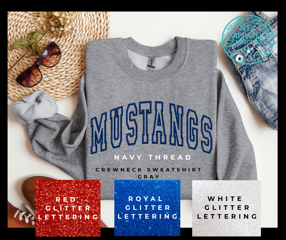 Glitter Mascot-Mustang Navy Embroidered Crewneck Sweatshirt
