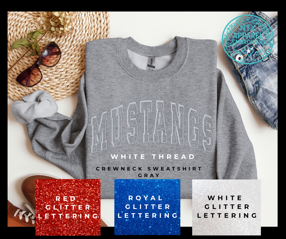 Glitter Mascot-Mustang White Embroidered Crewneck Sweatshirt