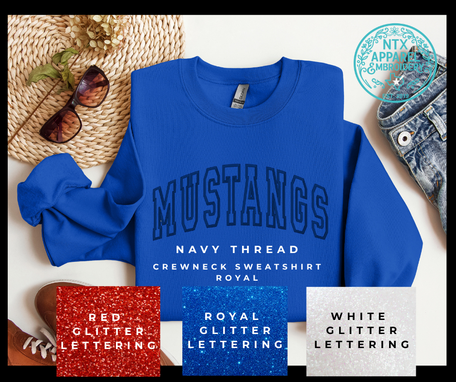 Glitter Mascot-Mustang Navy Embroidered Crewneck Sweatshirt