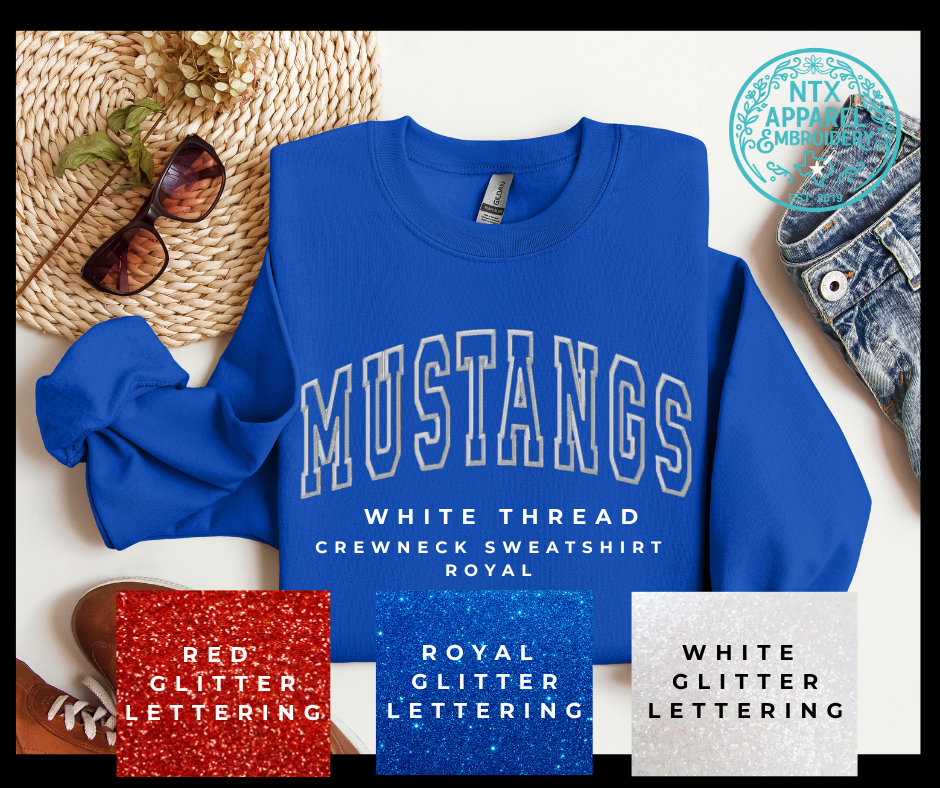 Glitter Mascot-Mustang White Embroidered Crewneck Sweatshirt