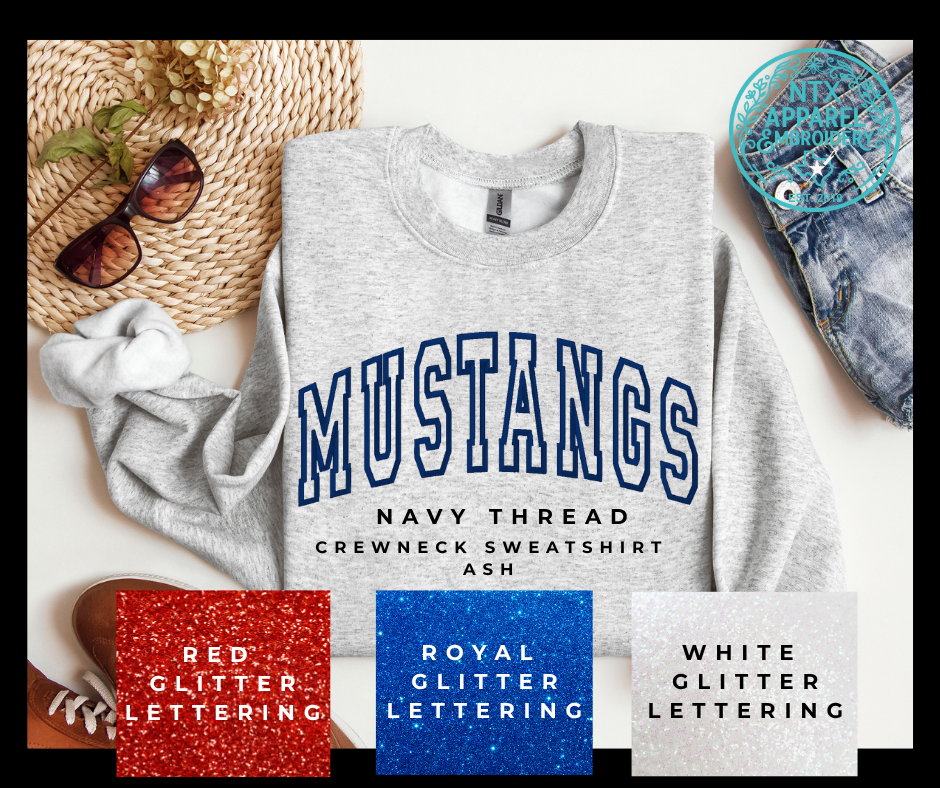 Glitter Mascot-Mustang Navy Embroidered Crewneck Sweatshirt