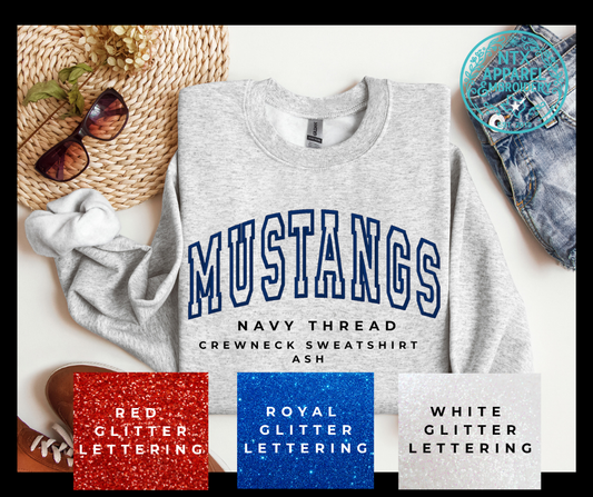 Glitter Mascot-Mustang Navy Embroidered Crewneck Sweatshirt
