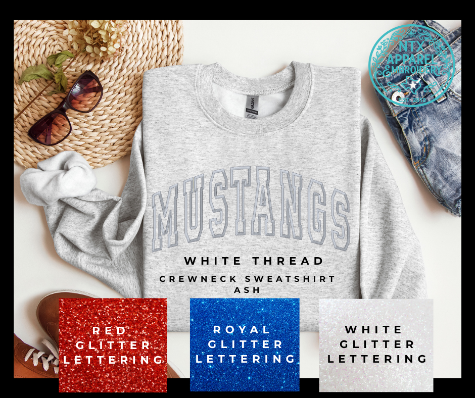 Glitter Mascot-Mustang White Embroidered Crewneck Sweatshirt