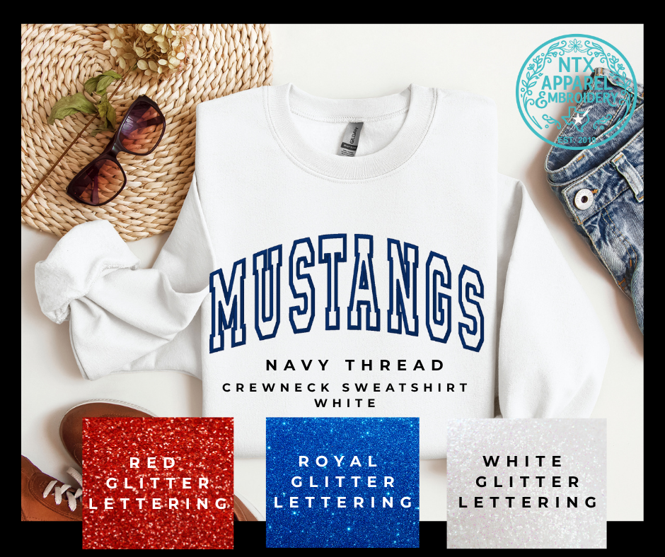 Glitter Mascot-Mustang Navy Embroidered Crewneck Sweatshirt