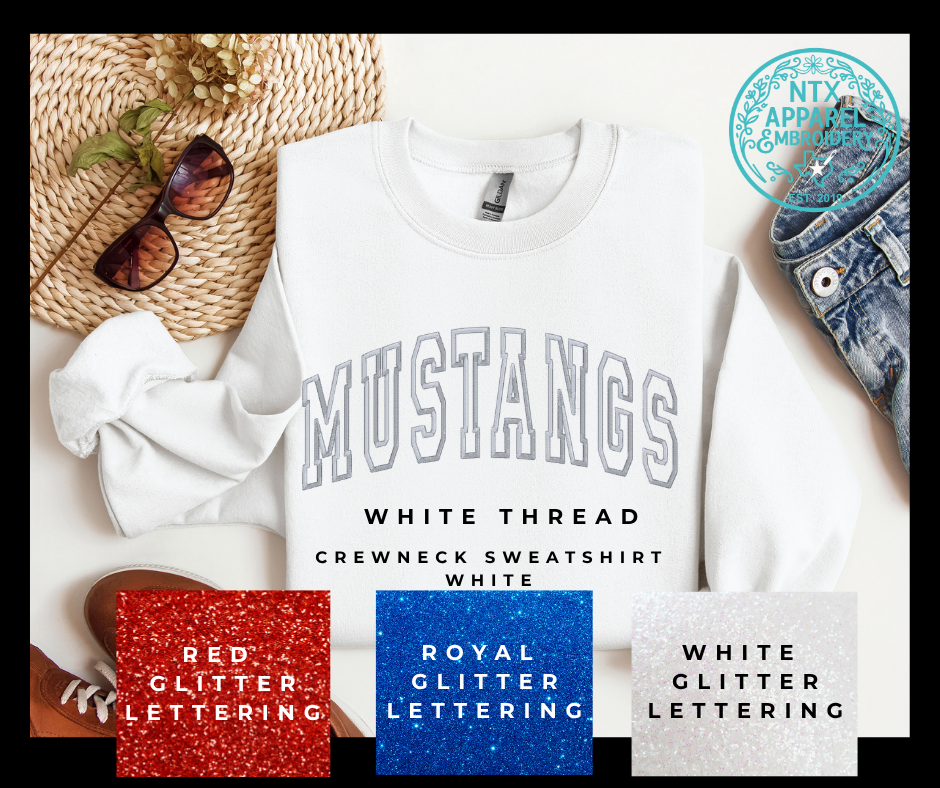 Glitter Mascot-Mustang White Embroidered Crewneck Sweatshirt