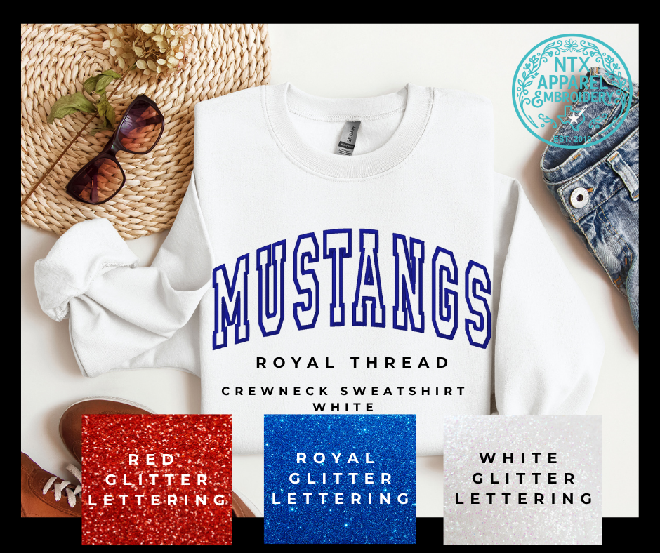 Glitter Mascot-Mustang Royal Embroidered Crewneck Sweatshirt