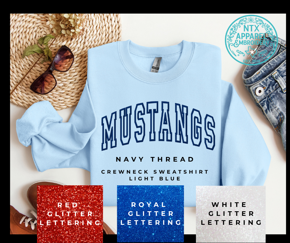 Glitter Mascot-Mustang Navy Embroidered Crewneck Sweatshirt