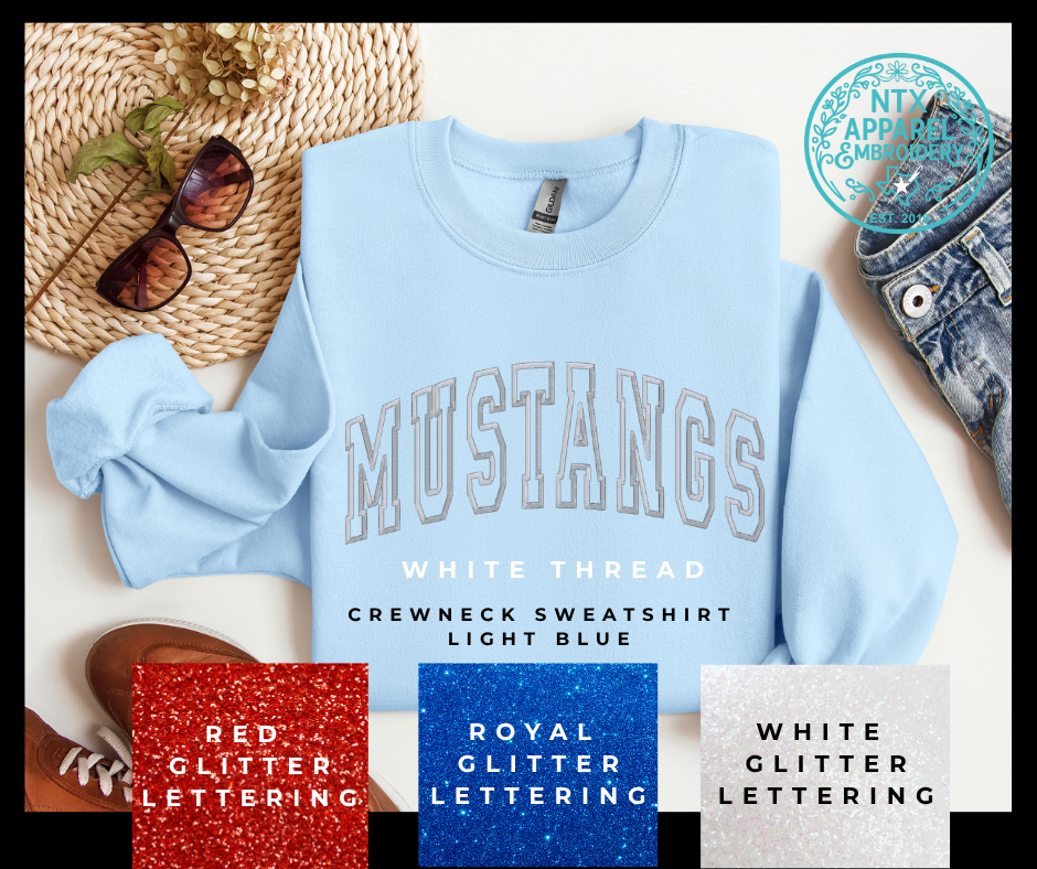Glitter Mascot-Mustang White Embroidered Crewneck Sweatshirt