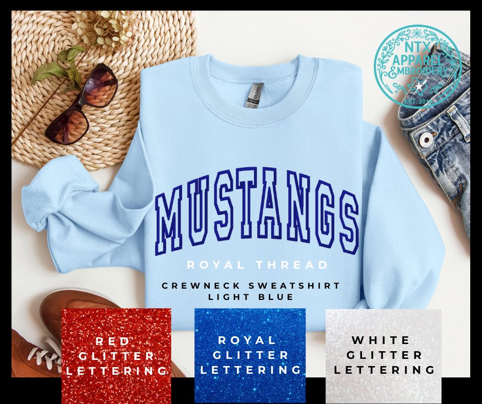 Glitter Mascot-Mustang Royal Embroidered Crewneck Sweatshirt