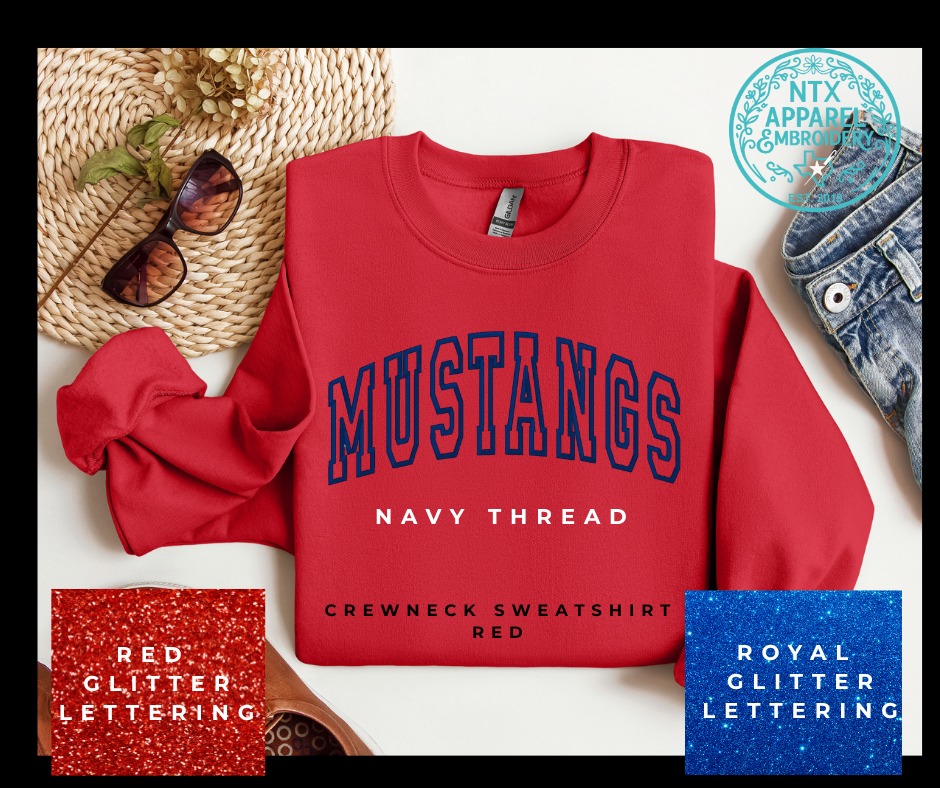Glitter Mascot-Mustang Navy Embroidered Crewneck Sweatshirt