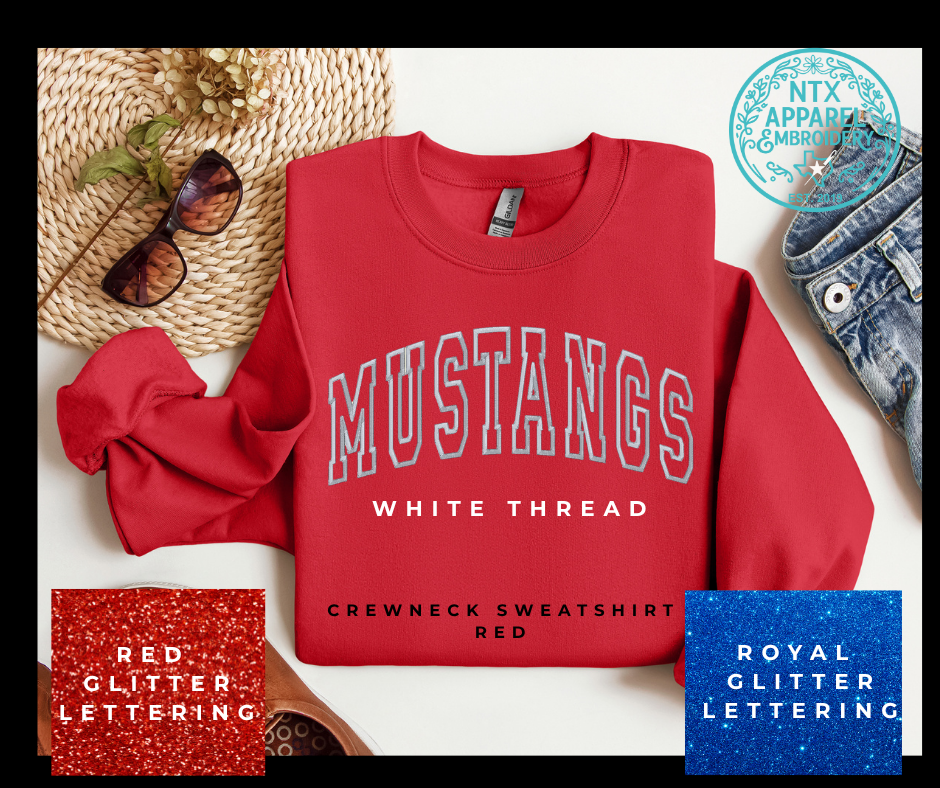 Glitter Mascot-Mustang White Embroidered Crewneck Sweatshirt