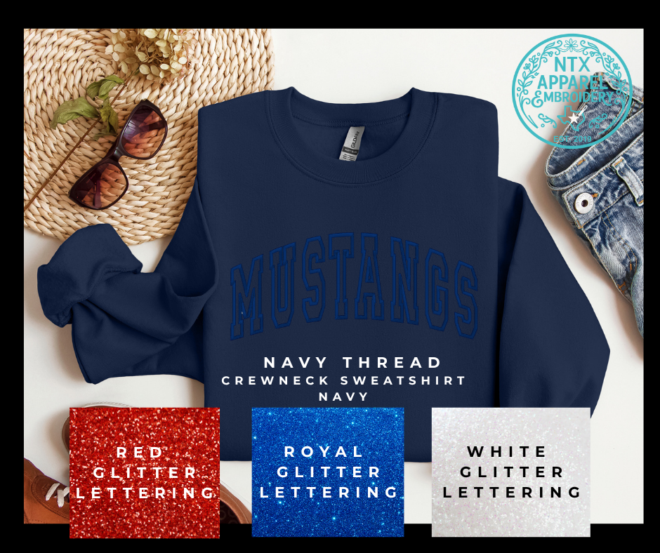 Glitter Mascot-Mustang Navy Embroidered Crewneck Sweatshirt