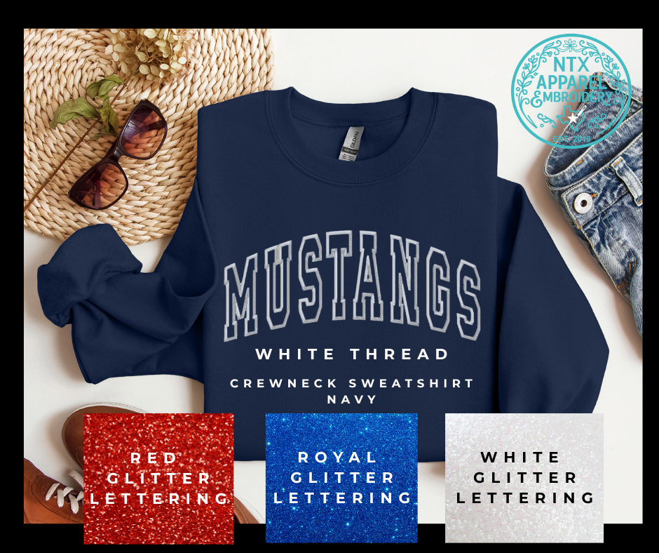Glitter Mascot-Mustang White Embroidered Crewneck Sweatshirt