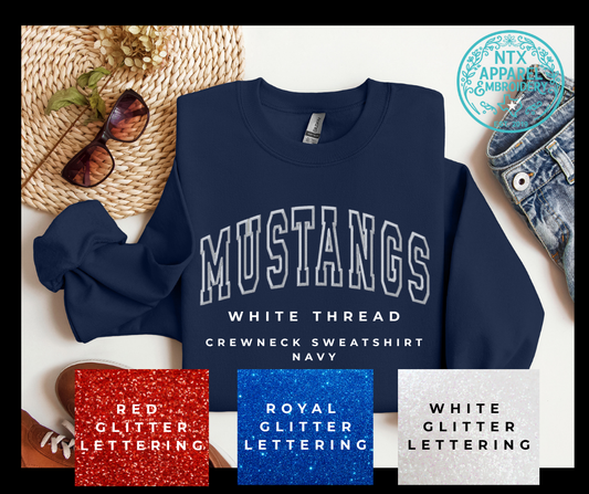 Glitter Mascot-Mustang White Embroidered Crewneck Sweatshirt