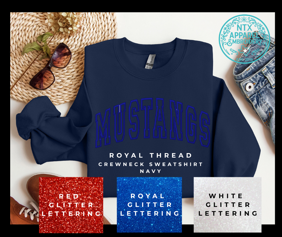 Glitter Mascot-Mustang Royal Embroidered Crewneck Sweatshirt