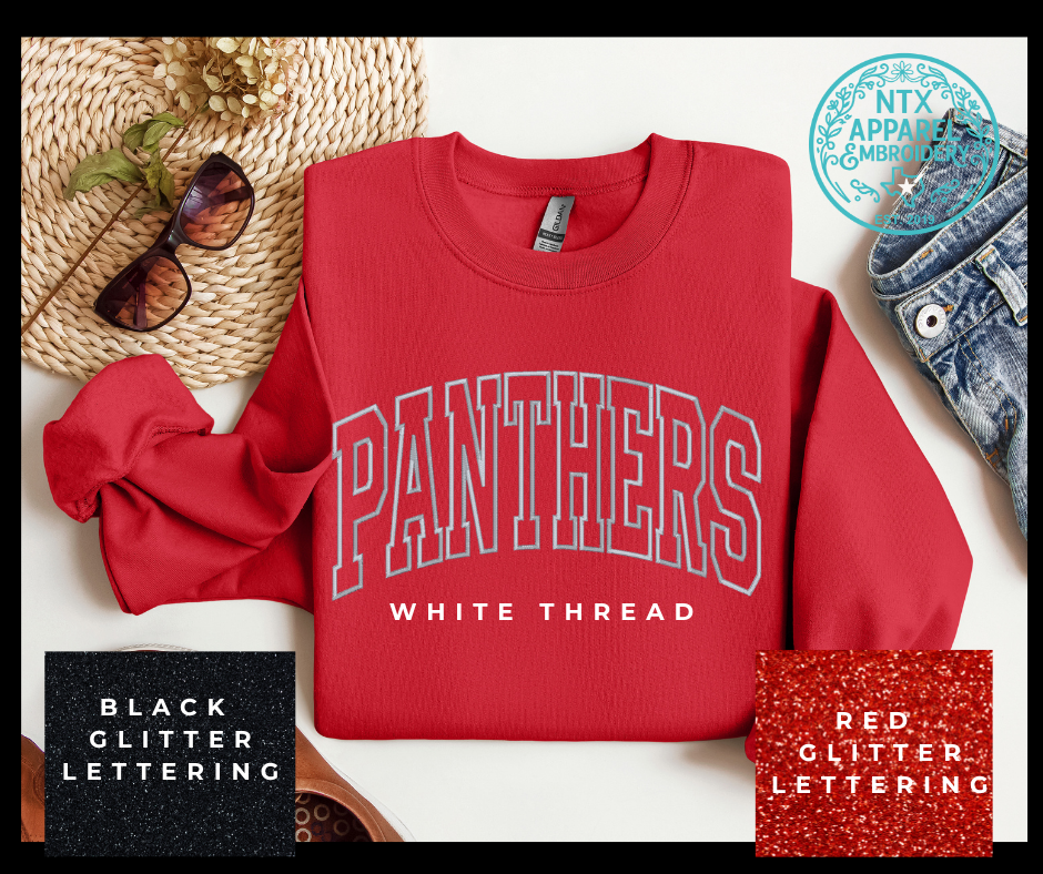 Glitter Mascot-Panther White Embroidered Crewneck Sweatshirt