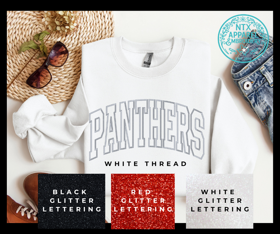 Glitter Mascot-Panther White Embroidered Crewneck Sweatshirt