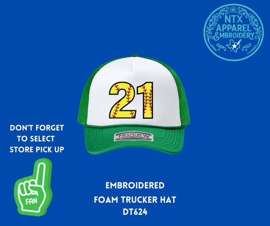 Custom Softball # Embroidered Foam Trucker Hat